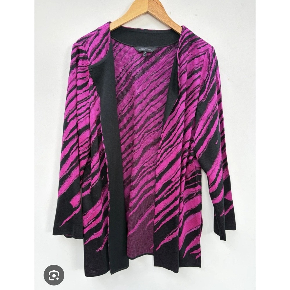 Ming Wang Womens XL Magenta Pink Black Animal Print Knit Cardigan Jacket